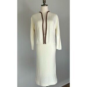 1950 60s Vintage FoxWood Skirt Cardigan Suit Set Cream Preppy Classic Career Med